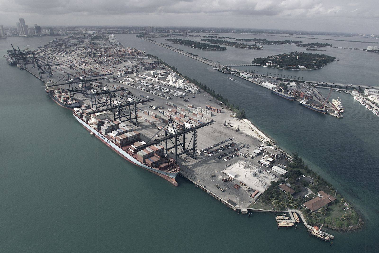 A container terminal and shipping channel seen from the air